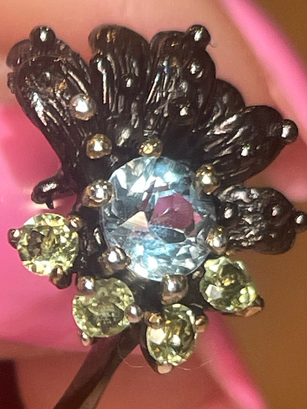 Sterling Silver Blue Topaz Peridot Floral Ring Size 4.75